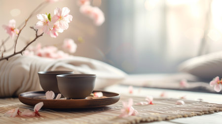 Tranquil Tea Ceremony, Serene Asian Ritual at Home.Created with Generative AI technology.の素材