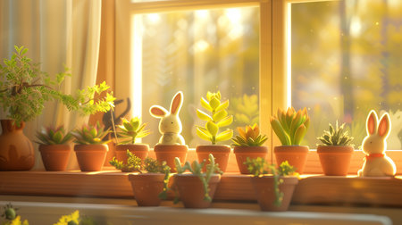 Easter Bunny Succulent Pots, Cheerful Indoor Gardening Decor.Created with Generative AI technology.の素材