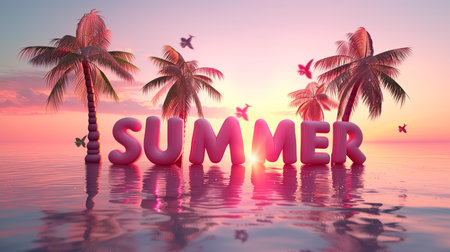 Sunset Paradise, Vibrant Inflatable Palm Trees & 3D "SUMMER" Text.Created with Generative AI technology.の素材