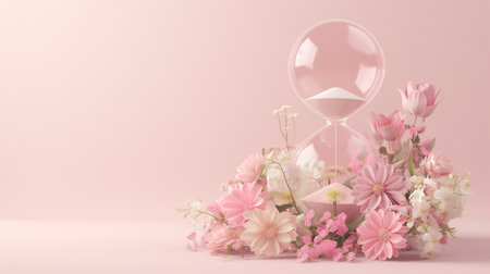 Women's Perseverance,Paste, Hourglass with Floral Transition , Creative Concept Symbolizing Strength.International Women's Day.Created with Generative AI technology.の素材