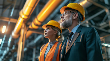 A professional male and female engineer in hard hats focused on overseeing factory operations, symbolizing leadership and expertise in the industrial sectorの素材