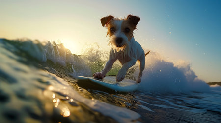 An energetic dog skillfully riding the waves on a surfboard, capturing the spirit of adventure and the joy of sea sportsの素材