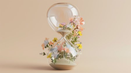 Women's Perseverance,Paste, Hourglass with Floral Transition , Creative Concept Symbolizing Strength.International Women's Day.Created with Generative AI technology.の素材