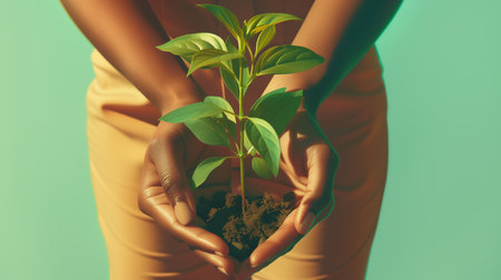 A pair of hands gently holding a young plant with soil, representing care, growth, and environmental sustainabilityの素材