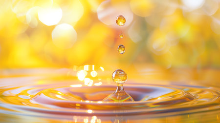 A mesmerizing macro shot of water droplets in free fall, with a golden backdrop creating a warm, radiant glowの素材