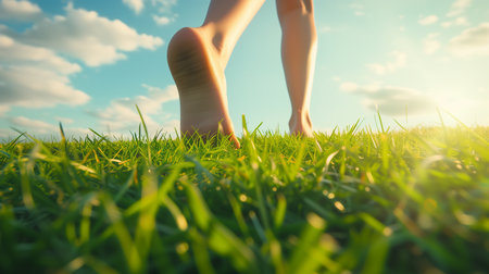 pair of feet walking barefoot on grass, concept for grounding or earthing therapy.Created with Generative AI technology.の素材