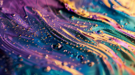 A mesmerizing close-up of vibrant liquid patterns with suspended bubbles, evoking a cosmic nebula's dynamic textures.の素材