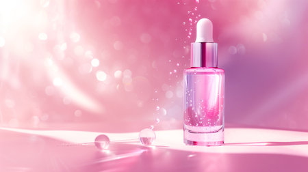 A luminous pink serum bottle with dropper, highlighted by sparkling light reflections and water droplets, invoking a sense of luxury skincareの素材