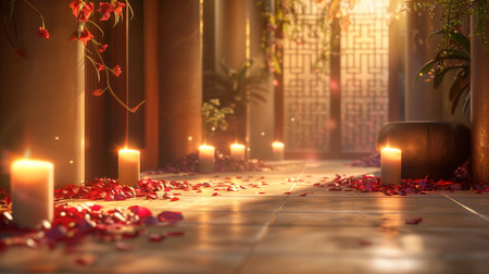 A romantic and intimate pathway is illuminated by the gentle glow of candles, with petals strewn across the floor and hanging blooms adding to the enchanting atmosphere.の素材