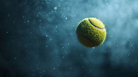A tennis ball frozen in motion, surrounded by a mist of fine water droplets, captures the dynamic energy of the gameの素材