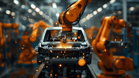 A robotic arm performs precision welding on a car chassis within the bustling environment of an automated automotive assembly lineの素材