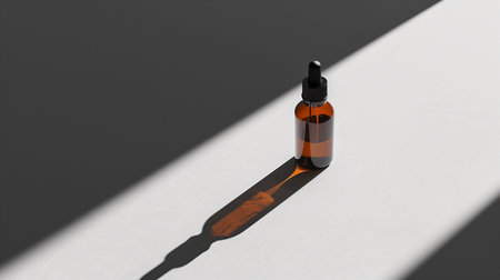 A striking image featuring an amber glass dropper bottle casting a long shadow over a white surface, embodying minimalistic eleganceの素材