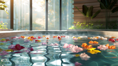 Delicate water lilies float on the serene surface of a pool, offering a scene of tranquility and natural elegance in a luxurious outdoor settingの素材