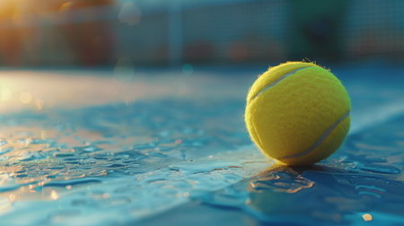A vibrant tennis ball rests on a glistening wet tennis court, capturing the pause in action after a rainfall.の素材