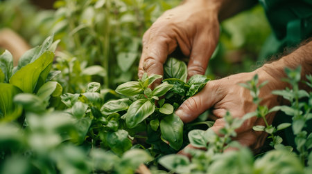 Close-up of hands carefully tending to lush green basil plants in a herb garden, symbolizing organic farming and sustainable agricultureの素材