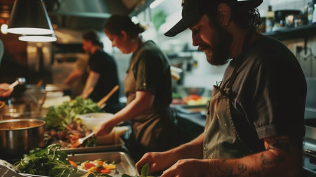 Busy chefs at work in a restaurant kitchen, skillfully preparing fresh ingredients for gourmet dishesの素材
