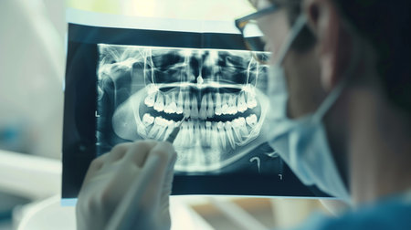 A detailed dental X-ray being examined by a professional, highlighting the diagnostic process in dentistryの素材
