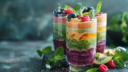 refreshing fruit parfaits with vibrant layers of fresh berries, mango, kiwi, and smoothie, garnished with mint, offering a healthy and colorful treatの素材