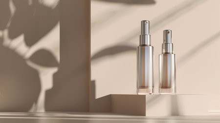 Two sleek cosmetic spray bottles bask in the soft, warm light, casting elegant shadows, epitomizing minimalist luxury in beauty product designの素材