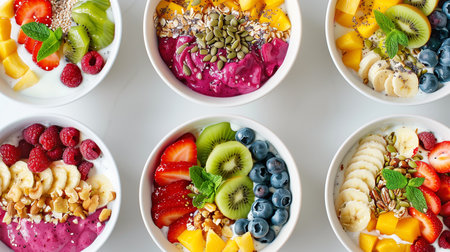 Freshly prepared fruit and yogurt bowls with a variety of berries, seeds, and nuts, offering a delicious and nutritious start to the day.の素材