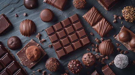 An exquisite selection of fine chocolates and truffles dusted with cocoa powder, showcasing an array of textures and shapes on a dark, textured surfaceの素材