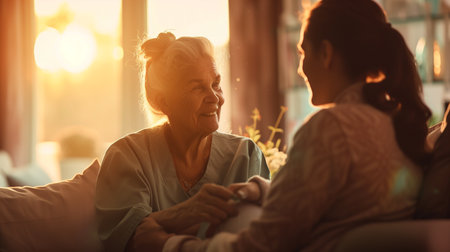 A tender moment of connection between a young woman and her elderly relative, illuminated by the soft light of a setting sun.の素材