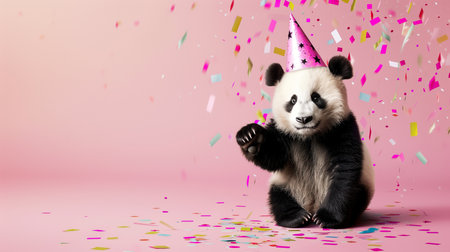 An adorable panda bear waves hello, wearing a sparkling party hat, amidst a joyous shower of colorful confetti against a soft pink background.の素材