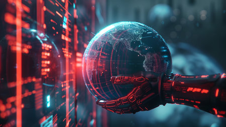 A robotic hand interacts with a holographic display of the Earth, symbolizing cutting-edge global data connectivity and network technologyの素材