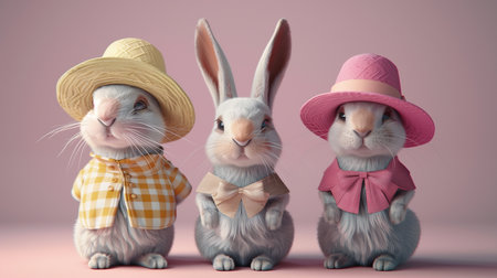 Three adorable rabbits dressed in stylish hats and smart outfits, poised against a soft pink background, exuding charm and personality.の素材