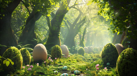 A mystical scene set in a lush forest bathed in sunlight, with a trail of decorated Easter eggs nestled among the vibrant greenery.の素材