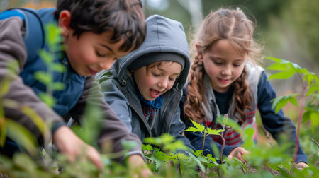 Three joyful children engage in outdoor learning, exploring and touching young plants with curiosity and wonder.の素材