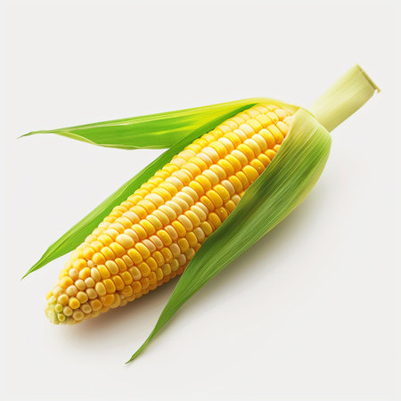 A vibrant, high-resolution image of a fresh corn cob with its husk partially peeled, showcasing the bright yellow kernels.の素材