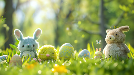An adorable assembly of plush Easter characters nestled among painted eggs in a sunny, springtime meadow, creating a magical holiday sceneの素材