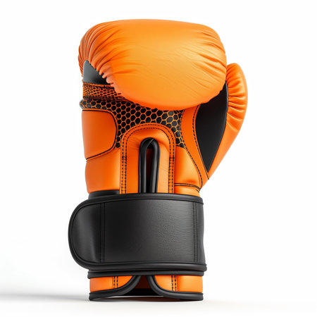 A single, striking pair of professional orange and black boxing gloves, depicted with intricate detail and vibrant color contrastの素材