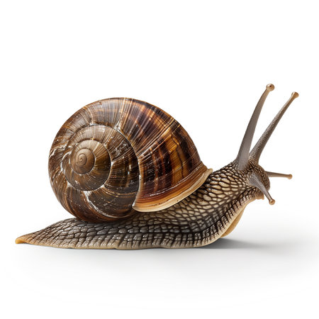 A detailed image of a common garden snail showcasing its textured shell and body against a white backgroundの素材