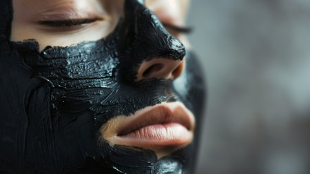 Close-up on a person undergoing a detoxifying facial treatment, with a glossy black charcoal mask emphasizing skincare and beauty routines.の素材