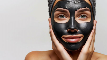A woman enjoys the benefits of a purifying charcoal facial mask, representing self-care and skin detoxification.の素材
