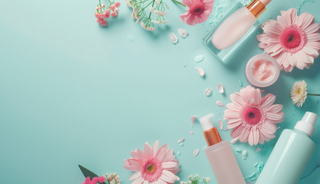 A refreshing skincare layout with bottles of cosmetic products amidst vibrant gerbera flowers, conveying a sense of natural beauty and skincare rejuvenation.の素材