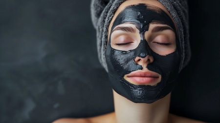 A serene woman with a detoxifying charcoal facial mask, eyes closed in relaxation, conveying a sense of luxury skincare and purificationの素材