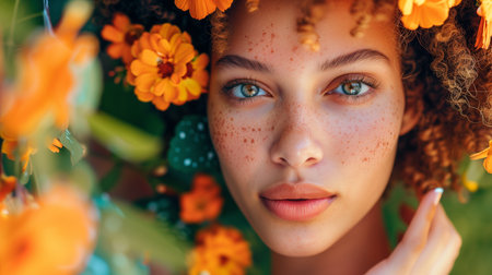 A young woman's face is gently framed by vibrant marigolds, her freckles echoing the natural beauty and rich hues of a blooming gardenの素材