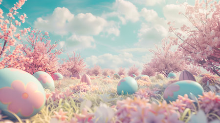 A dreamlike landscape filled with pastel-colored Easter eggs nestled among blooming cherry blossoms under a soft blue sky, evoking the joy and whimsy of springtime festivities.の素材