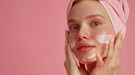 A young woman with a fresh, clean face, applies a moisturizing cream, highlighting her daily skincare routine against a soft pink backdrop that evokes a sense of gentle care and beauty.の素材