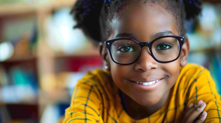 A close-up portrait of a cheerful young girl with glasses, exuding confidence and curiosity, set against a blurred classroom backgroundの素材