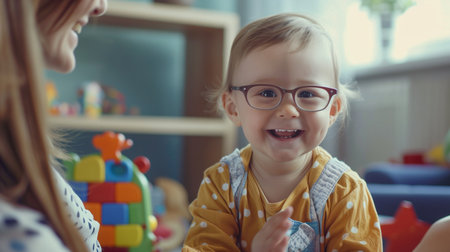 An adorable toddler with glasses shares a moment of joy and discovery during a playful learning activity, reflecting early childhood development and education.の素材