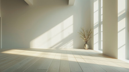 A minimalist interior bathed in the soft warmth of natural light, featuring a solitary vase with delicate branches, creating a tranquil and meditative spaceの素材