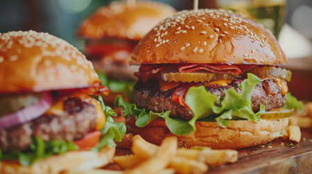 A delectable gourmet burger, loaded with fresh toppings and bacon, presented with a side of crispy golden fries, perfect for culinary indulgence.の素材