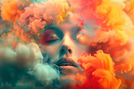 A mesmerizing portrait of a woman's face enveloped by swirling flames, combining the human form with abstract elements to create a captivating, dreamlike visionの素材