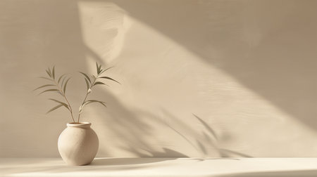 A minimalist composition featuring a single pottery vase with slender leaves, casting a delicate shadow on a sun-drenched wallの素材