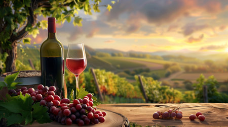An idyllic wine tasting set against a vineyard backdrop during sunset, with a bottle and glass of red wine accompanied by fresh grapes.の素材