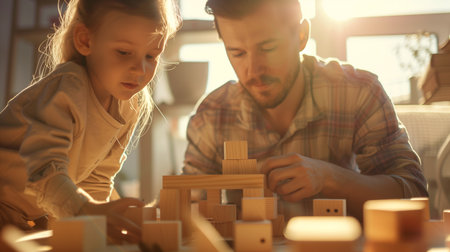 In a warm, sunlit room, a father and daughter engage deeply in building a wooden block structure, a moment capturing the essence of parental guidance and childhood creativityの素材